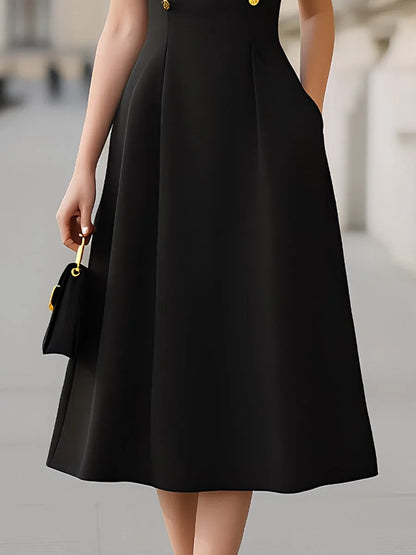 Cap-Sleeve Round-Neck A-Line Midi Dress With Gold Button Detail
