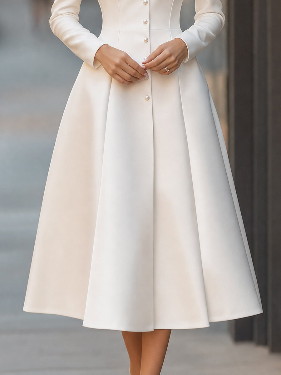 Cape-Overlay Pearl Button High-Neck Midi Dress