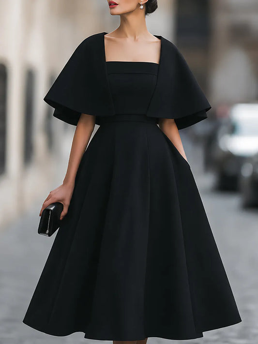 Robe midi trapèze à encolure carrée et cape superposée