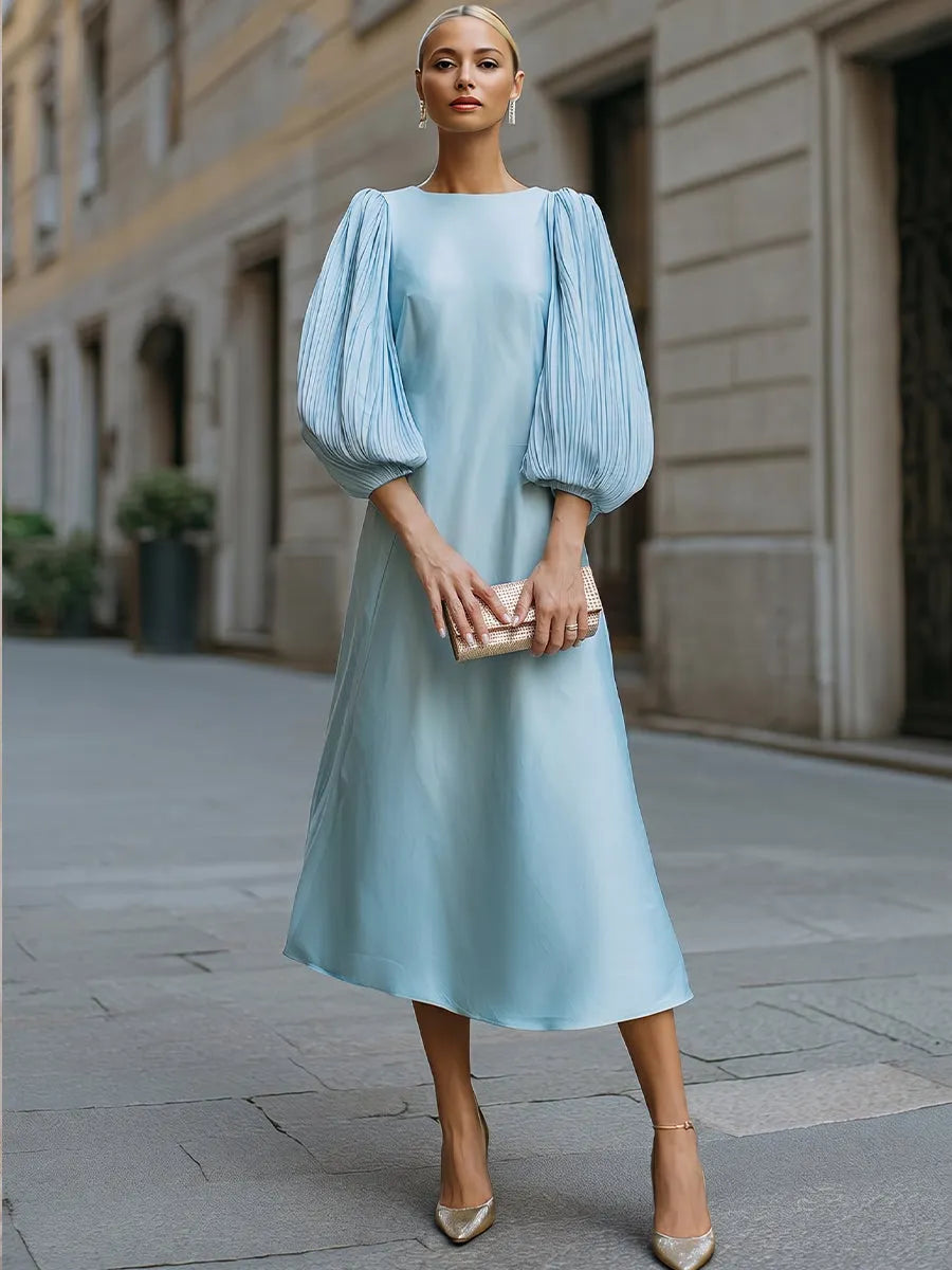 Minimalist Crew Neck A-Line Satin Midi Dress Pleated Puff Lantern Sleeves
