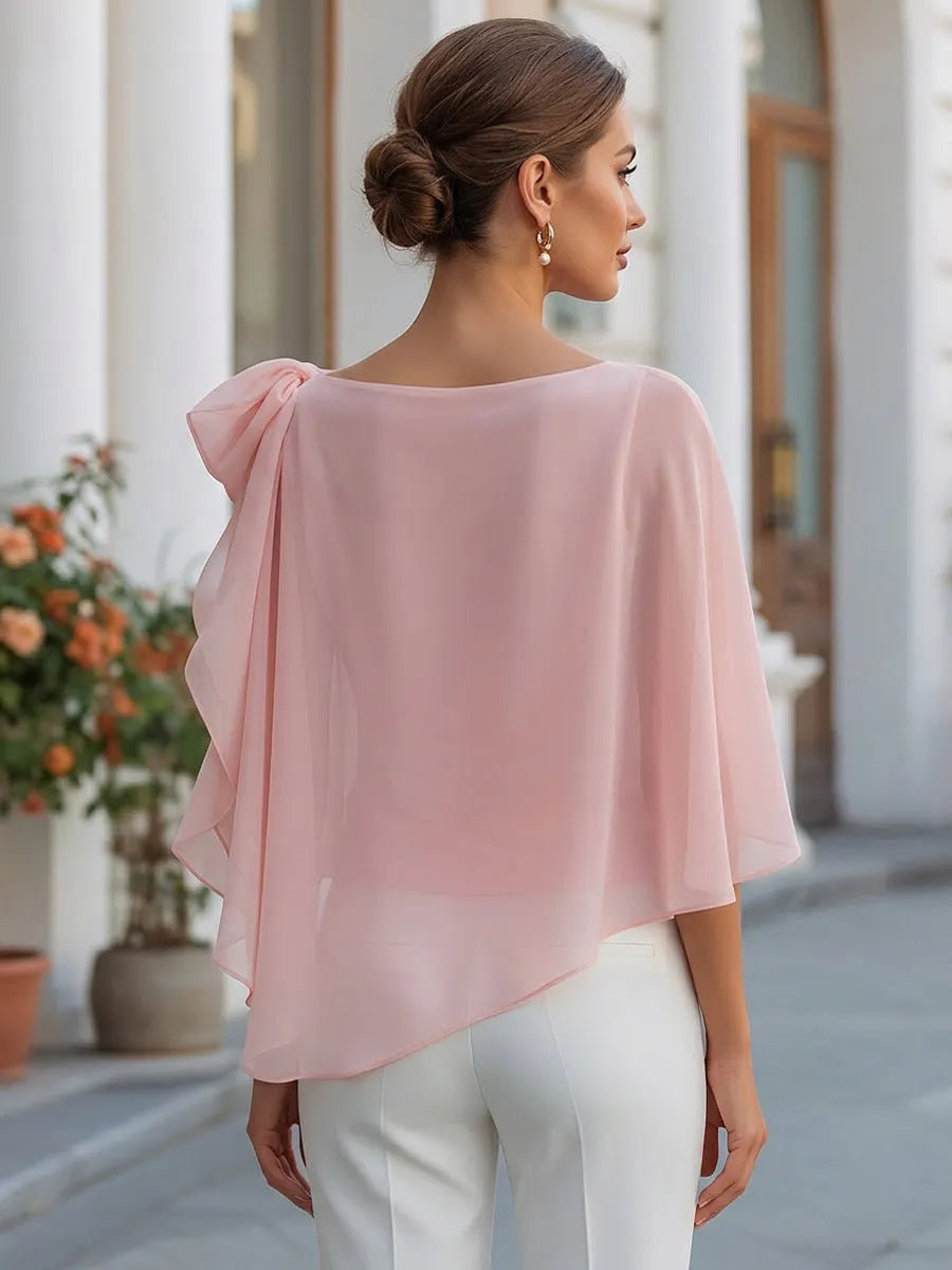 Asymmetric Bow Draped Chiffon Blouse
