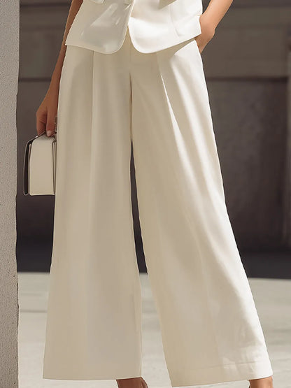 Mandarin-Collar Short-Sleeve Tailored Blazer & High-Waisted Wide-Leg Cropped Trousers Two-Piece Suit