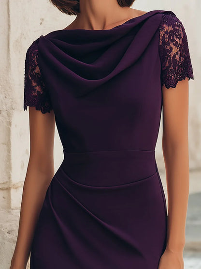 Ruched Waist Cowl Neck Lace Sleeve Pencil Midi Dress