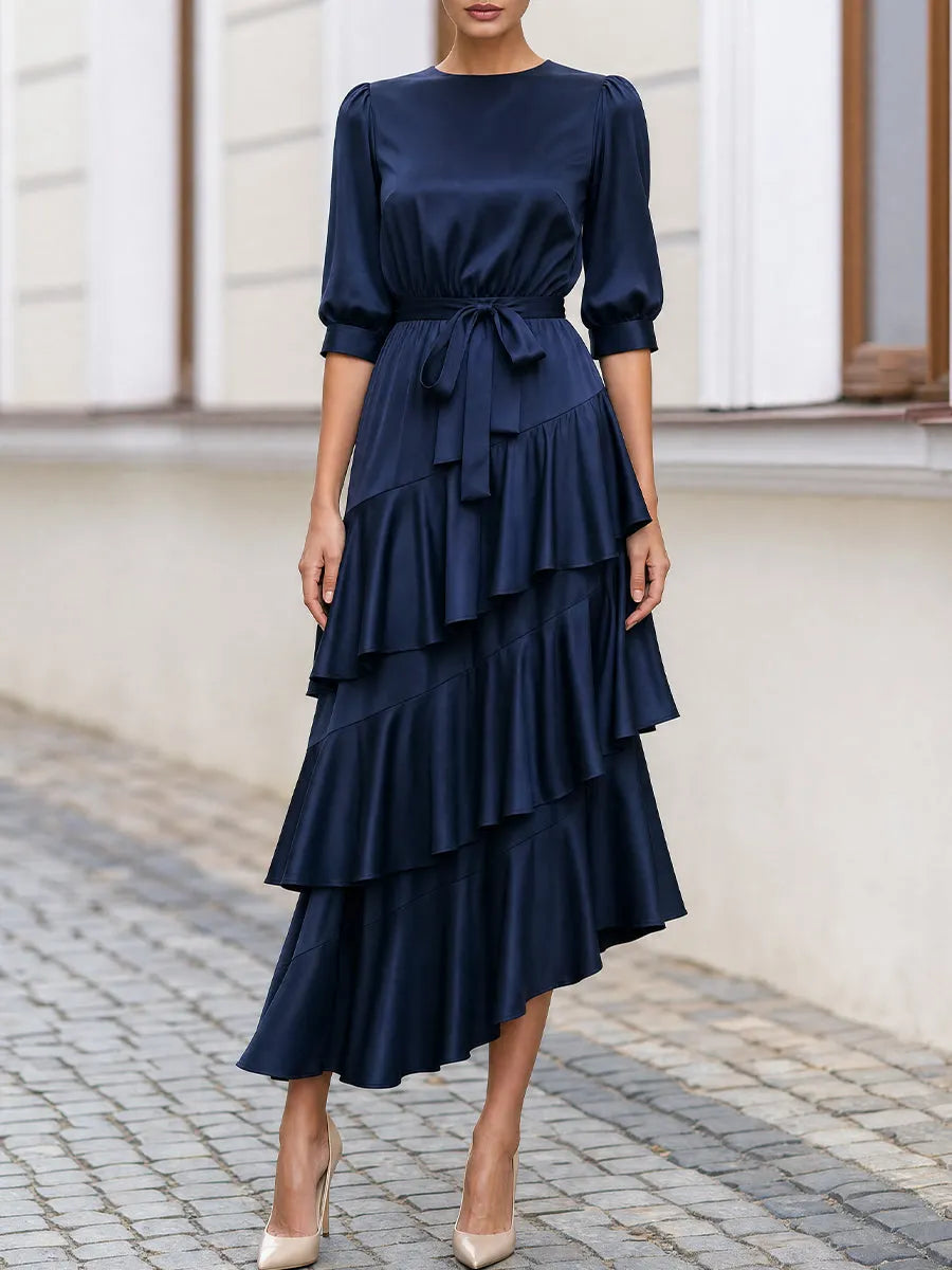 Round Neck  Self Tie Waist Asymmetrical Tiered Ruffle Midi Dress