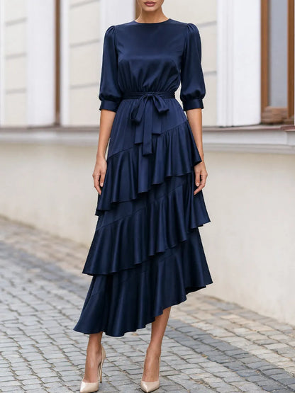 Round Neck  Self Tie Waist Asymmetrical Tiered Ruffle Midi Dress