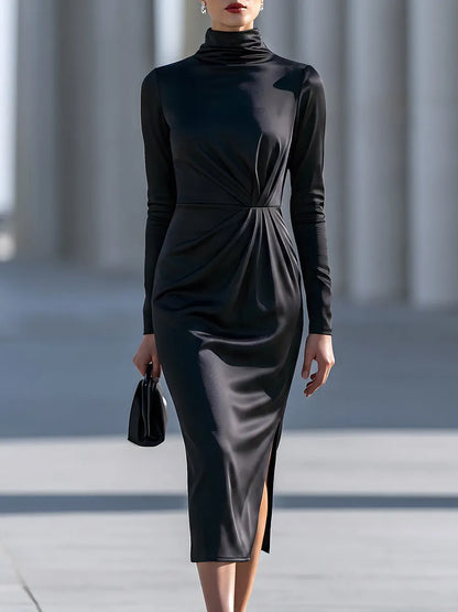 Draped High-Neck Long-Sleeve Midi Dress