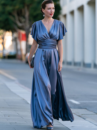 Satin V-Neck Flutter Sleeve Wrap Waist Maxi Dress