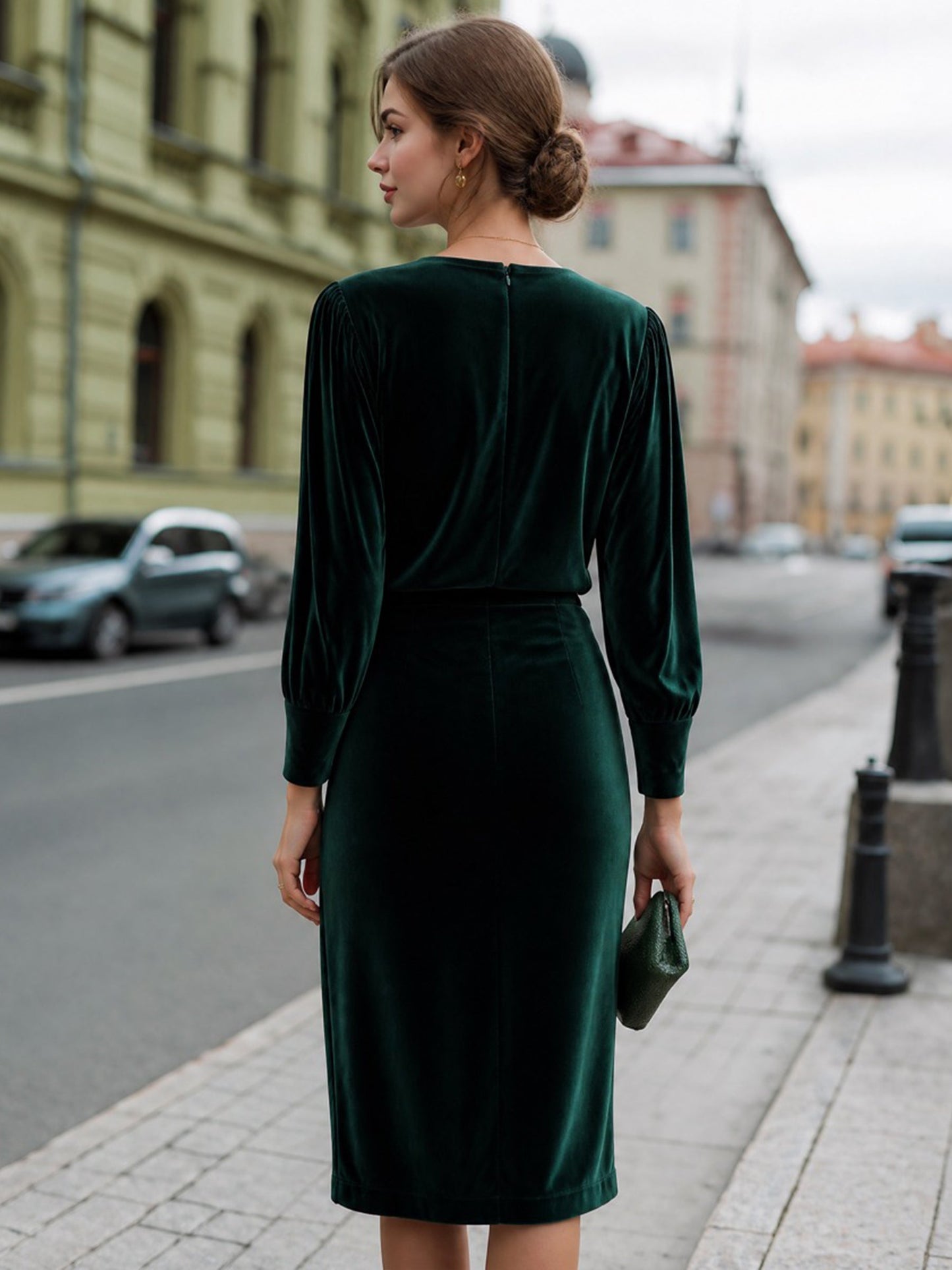 Velvet Puff-Sleeve V-Neck Pencil Midi Dress