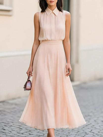 Sleeveless Collared Chiffon Maxi Dress With Flowing A-Line Skirt