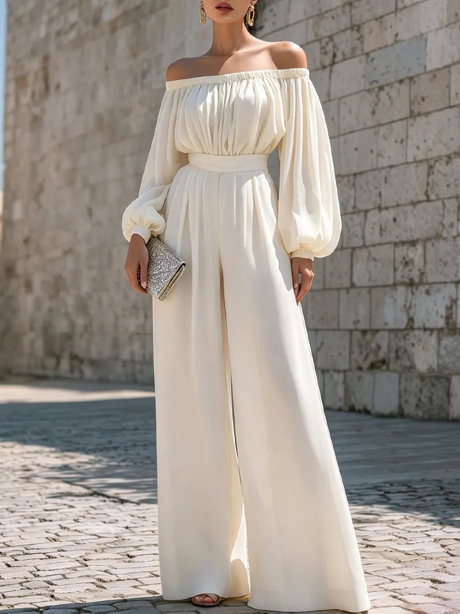 Off-Shoulder Cotton Blend Wide-Leg Jumpsuit
