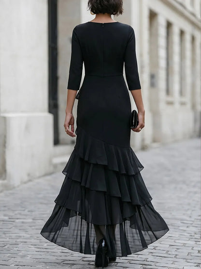 Three-Quarter Sleeve Asymmetric Ruffle Maxi Dress