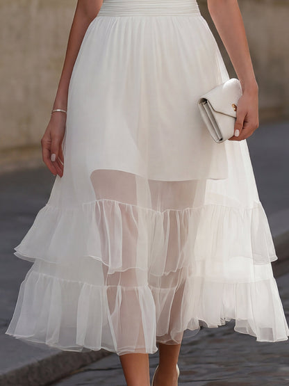 High-Neck Puff Sleeve Ruched Waist Tiered Ruffle Midi Dress