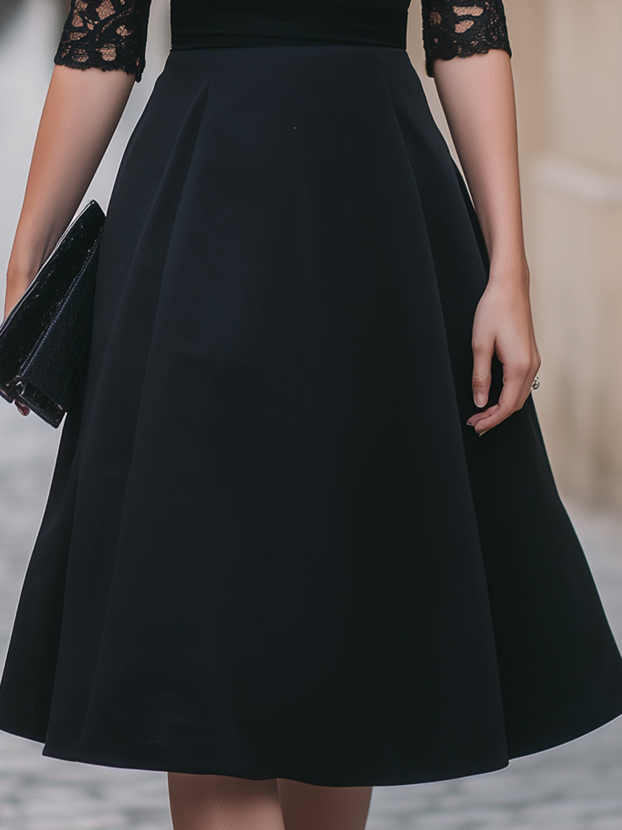 Sweetheart-Neck Lace-Sleeve Fit-and-Flare Midi Dress