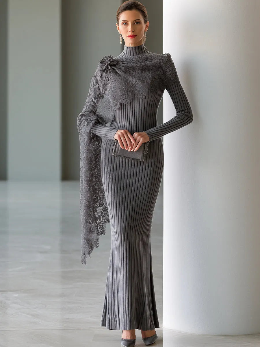 Lace-Draped Ribbed Knit Maxi Dress