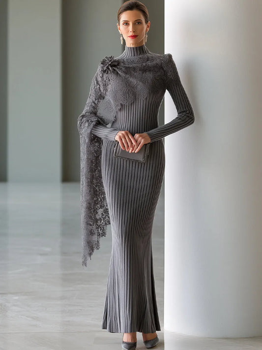 Lace-Draped Ribbed Knit Maxi Dress