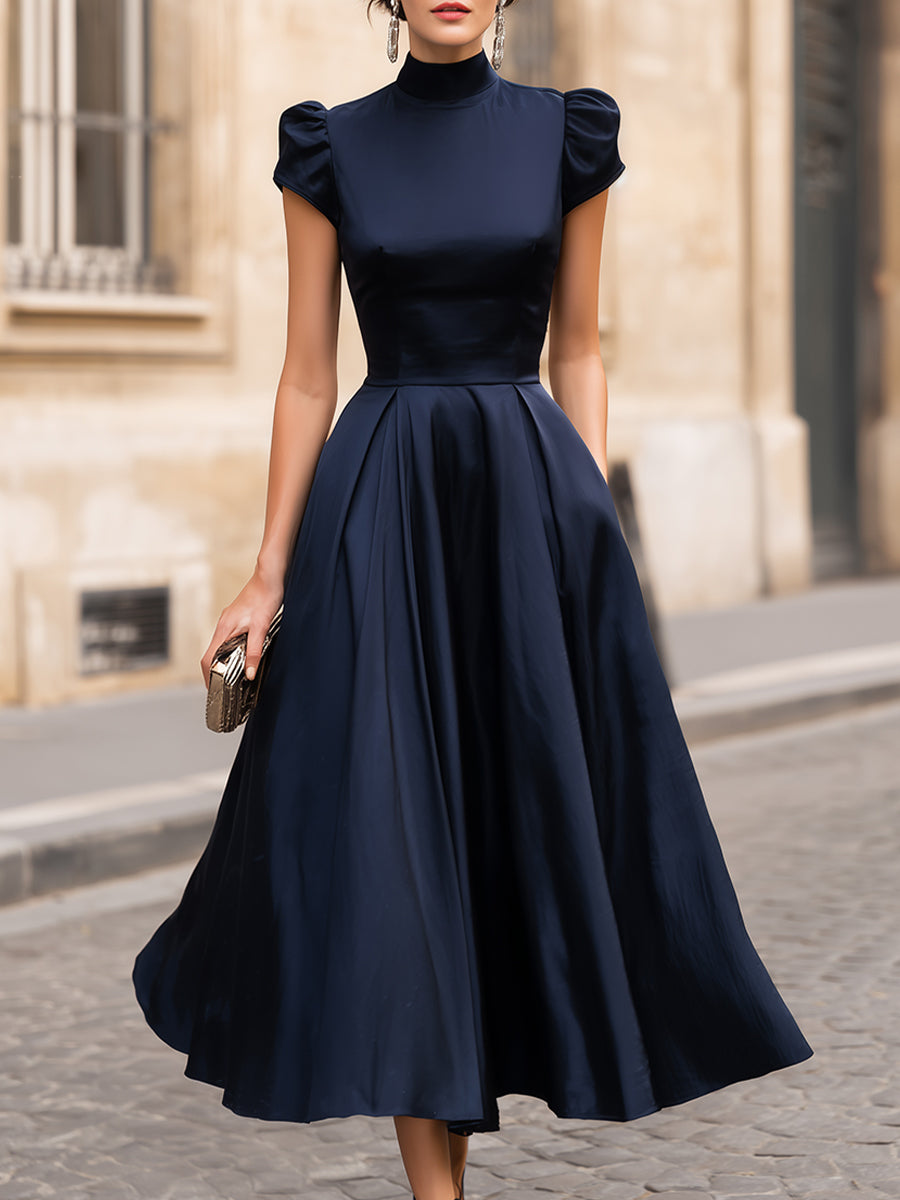 Stand Mock Neck Mini Bubble Cap Sleeve Ruched Waist Flared Satin Midi Dress