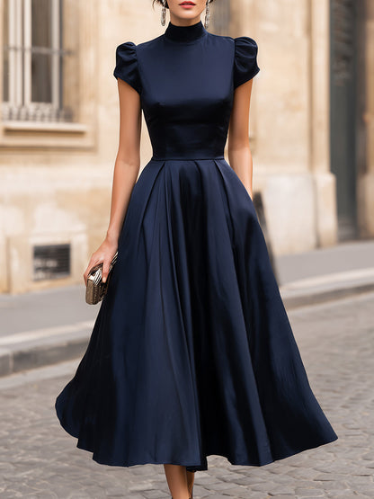 Stand Mock Neck Mini Bubble Cap Sleeve Ruched Waist Flared Satin Midi Dress