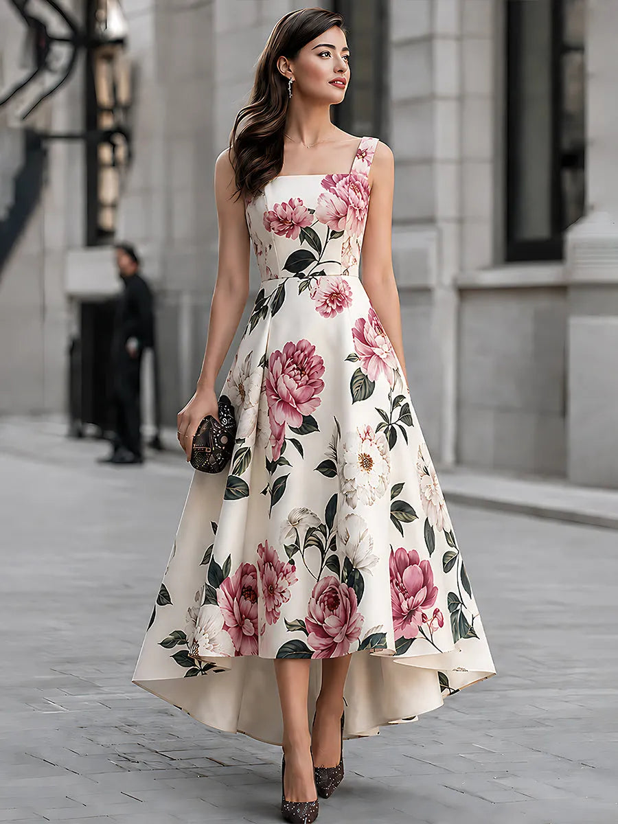 Floral Print High-Low Dress And Cropped Jacket Set