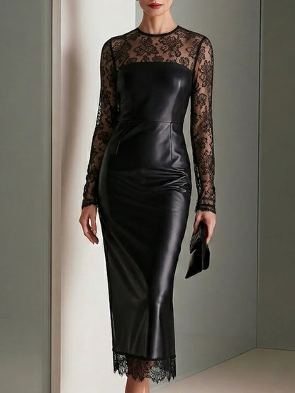 Lace-Panel Faux Leather Midi Dress