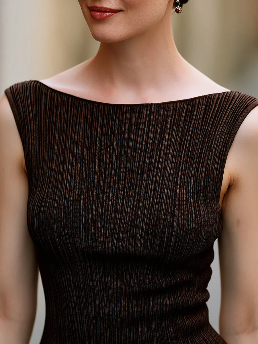 Ribbed Sleeveless Boat Neck Fitted Top