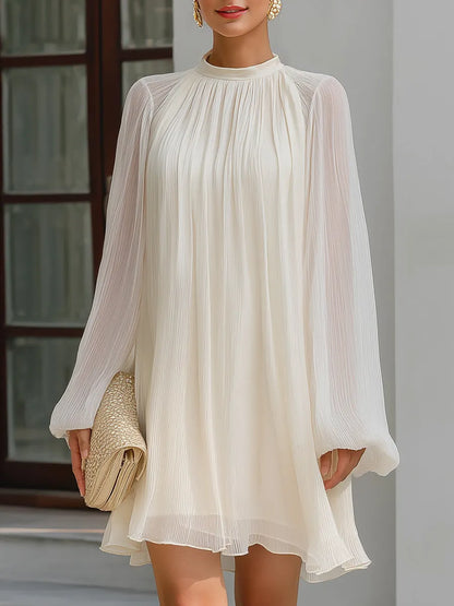 Pleated Chiffon High Neck Long Sleeve Mini Dress