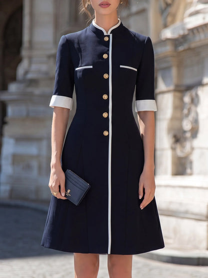 Contrast Trim Mandarin Collar Button-Down A-Line Midi Dress