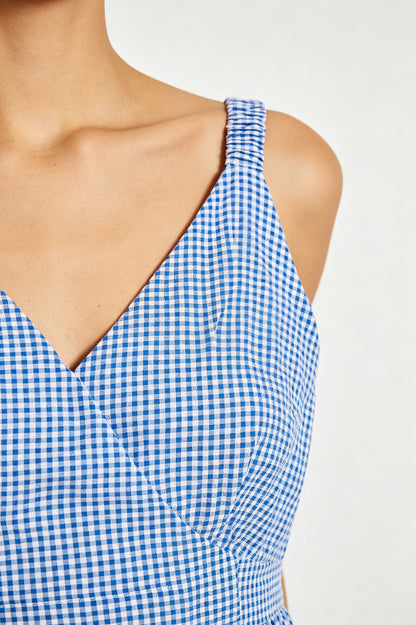 Blue White Gingham Fit and Flare Midi Dress - view 3