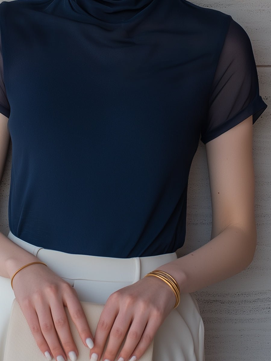 Contrast Sheer Sleeve Mock Neck Top