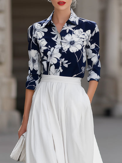 Floral Print Button-Down & High-Waisted Maxi Skirt Set
