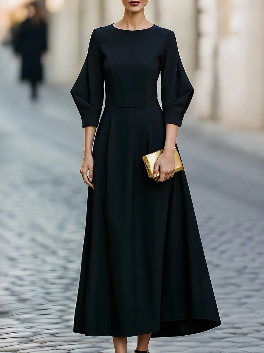 Structured Long Sleeve A-Line Flared Hem Midi Dress