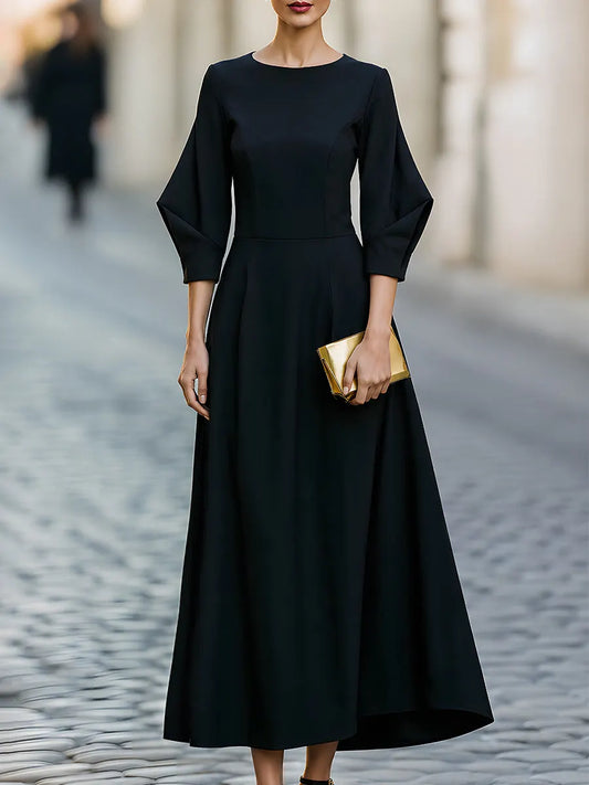 Structured Long Sleeve A-Line Flared Hem Midi Dress