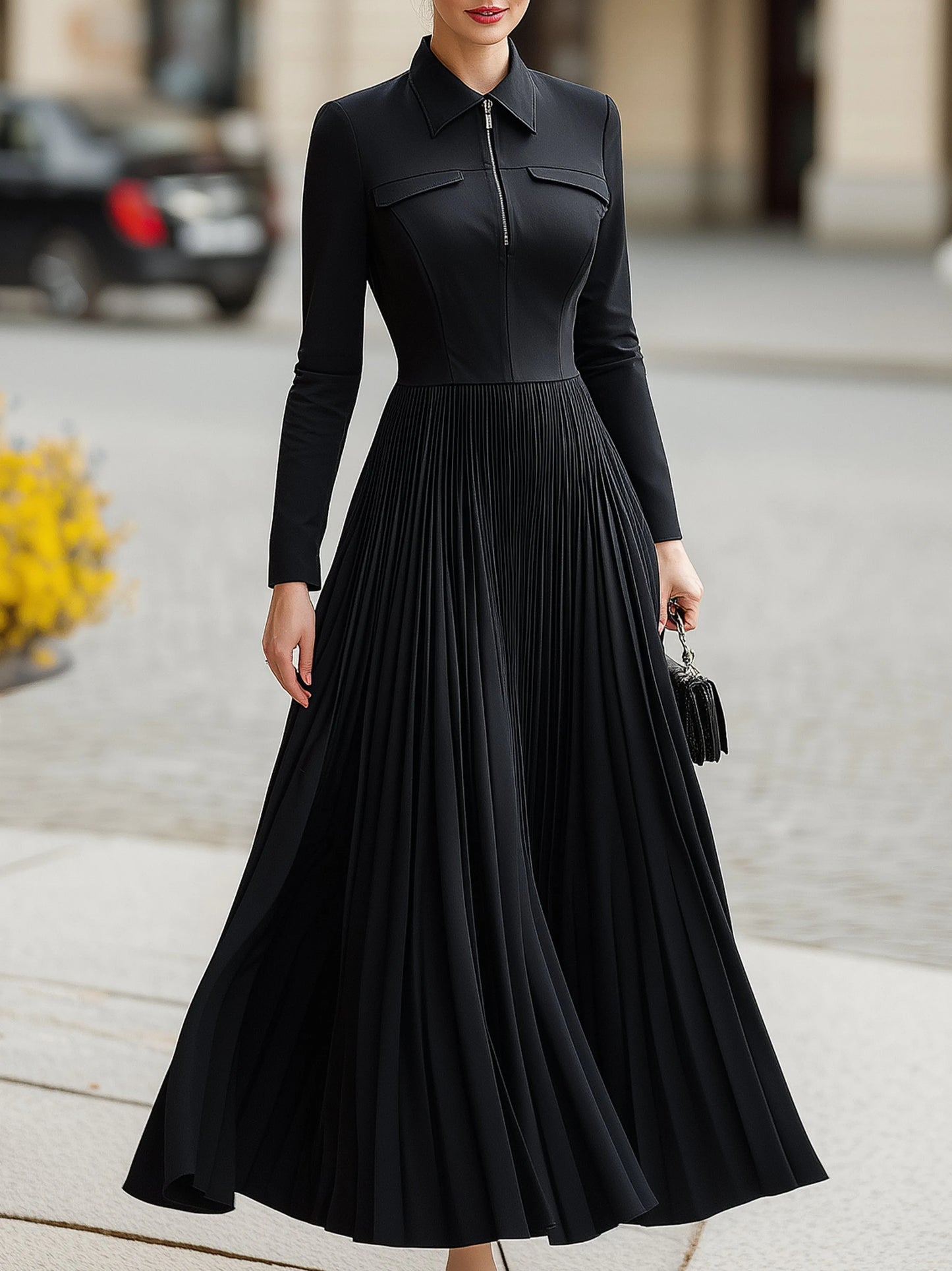 Pleated Shirt-Collar Maxi Dress