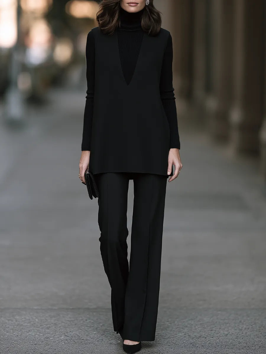 Turtleneck Knit Top, Deep V Sleeveless Tunic And Wide-Leg Trouser Three-Piece Set
