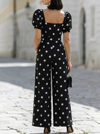 Elegant Polka Dot Puff Sleeve Wide Leg Jumpsuit
