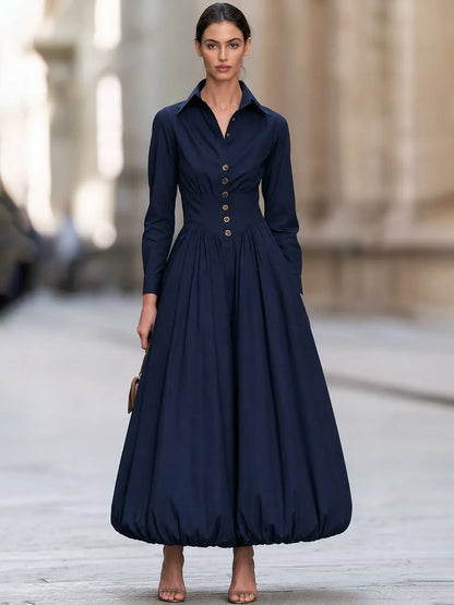 Navy Button Front Long Sleeve A-Line Midi Dress