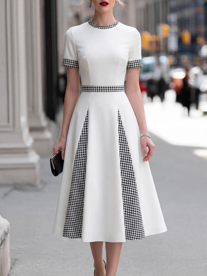 Houndstooth Paneled Tailored Midi Dress