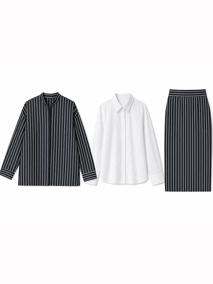 Three-piece Set Featuring A Pinstriped Blazer A Shirt  A Midi-length Pencil Skirt