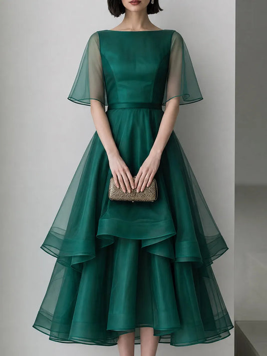 Vestido Midi High-Low de Organza em Camadas com Manga Capa Transparente
