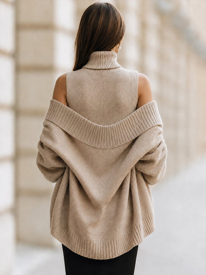 Sleeveless Turtleneck and Oversized Cardigan Two-Piece Set