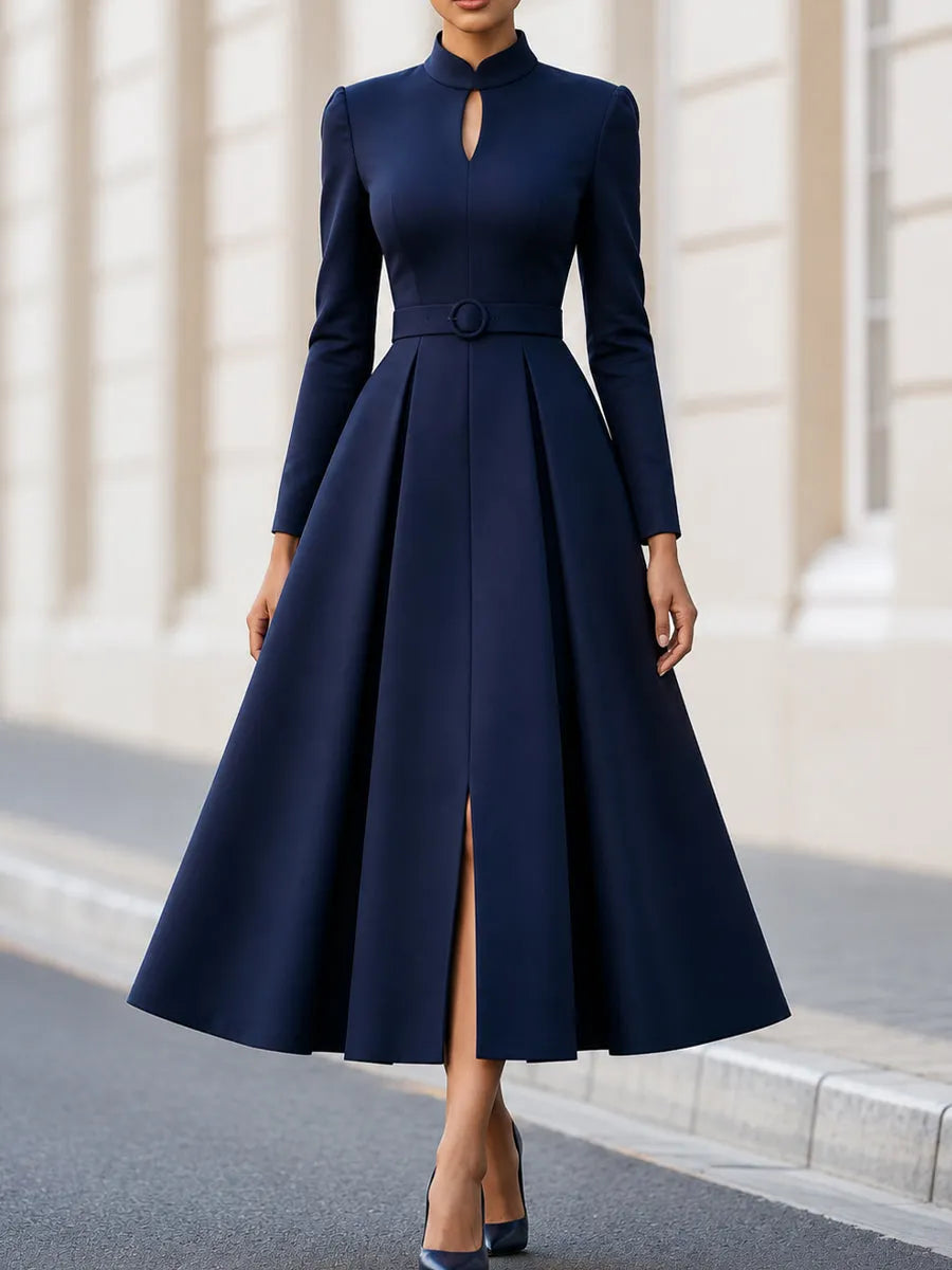 Stand Collar Keyhole Long Sleeve Belted Midi Flare Dress