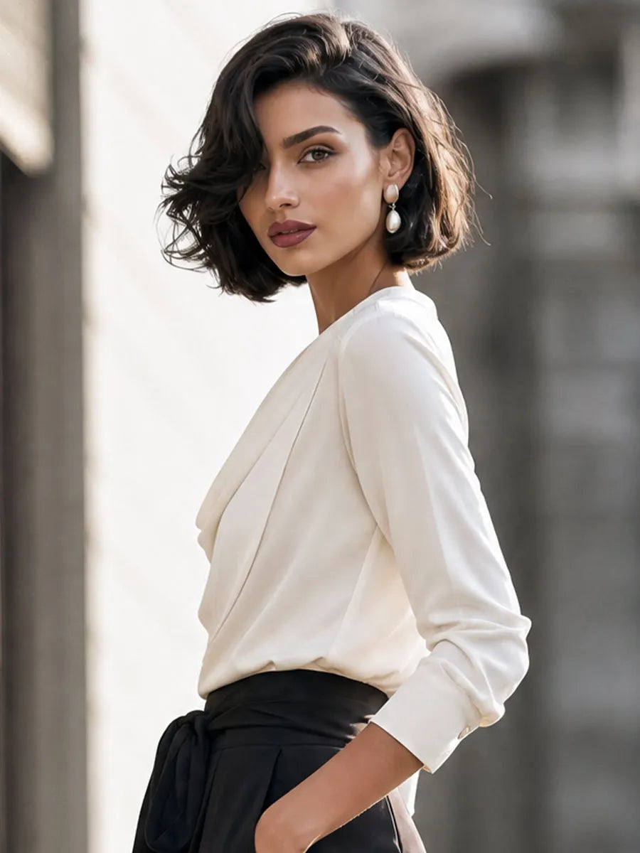Draped Cowl-Neck Long-Sleeve Blouse