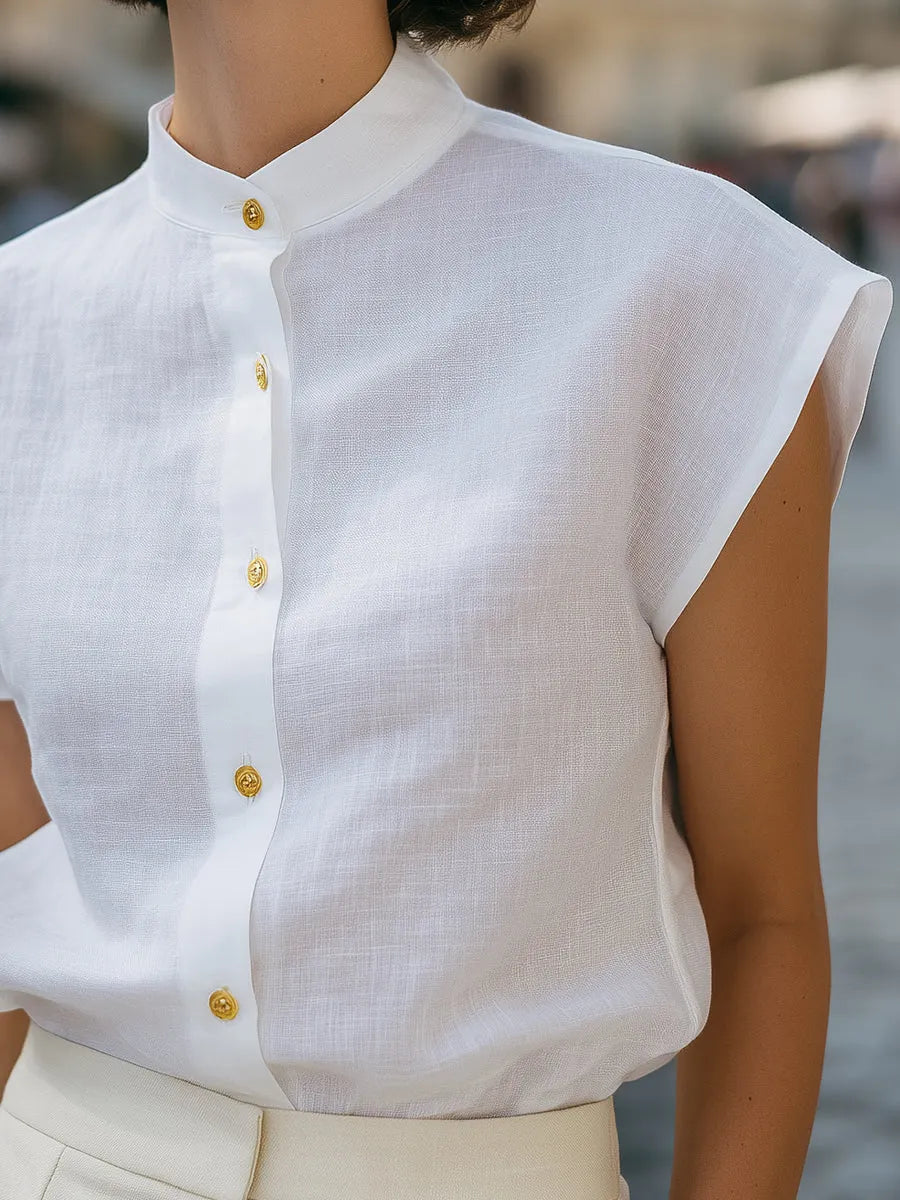 Mandarin Collar Button-Front Cap Sleeve Blouse