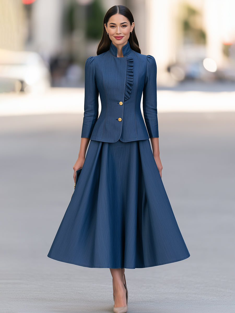 Elegant Stand Collar Ruffled Blazer Jacket And A-Line Skirt Set