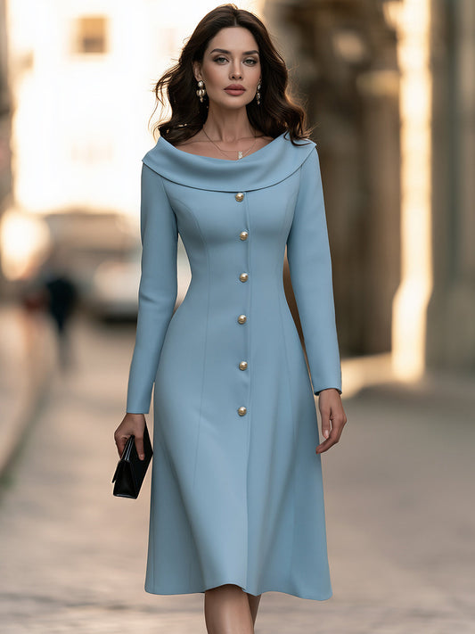 Robe mi-longue élégante à col portrait Bardot et boutons décoratifs
