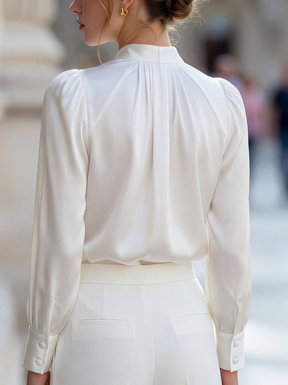 Mock Neck Ruched Satin Long Sleeve Blouse