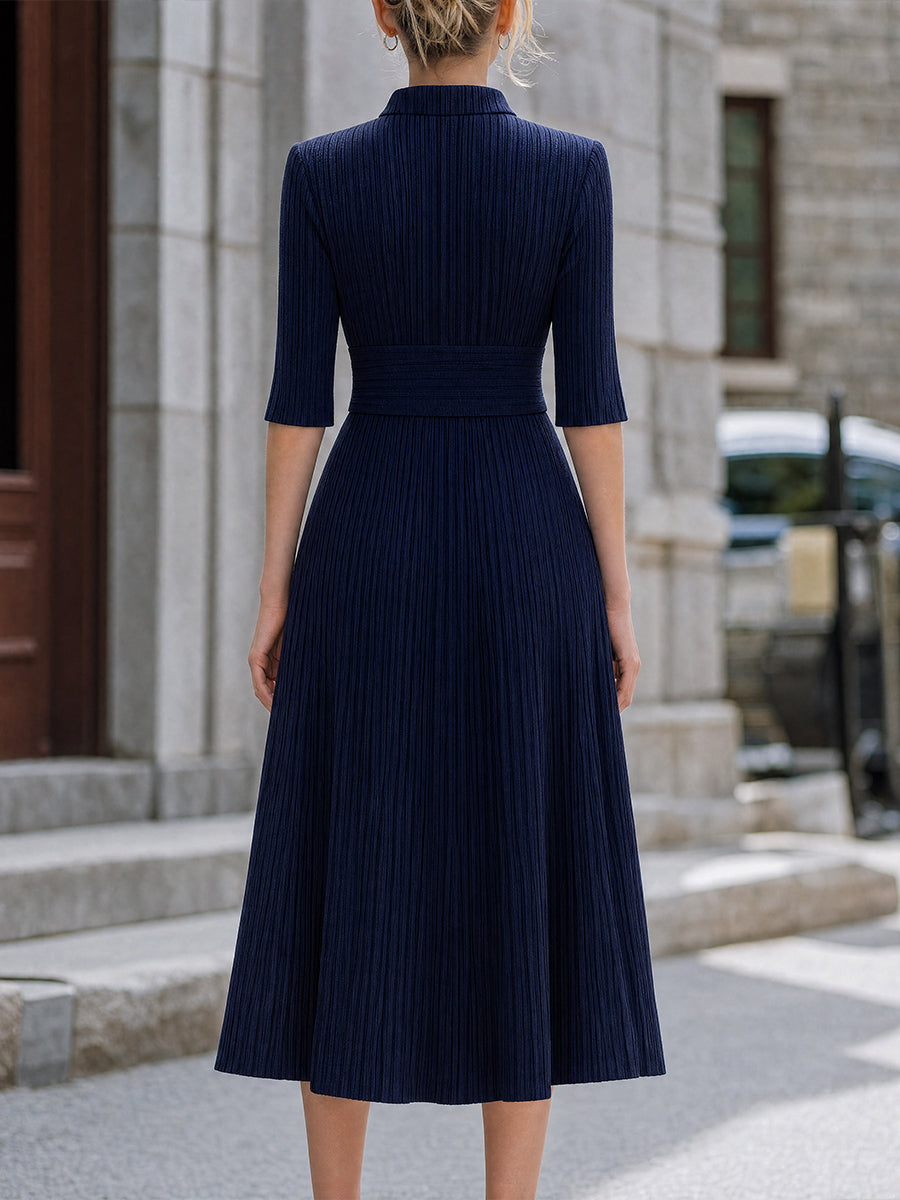 Mock Neck Ribbed Knit Flare Midi Dress