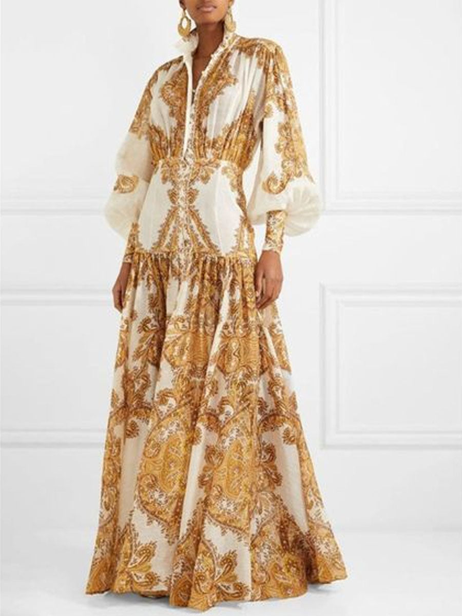Elegant Floral Print Long Sleeve Maxi Dress