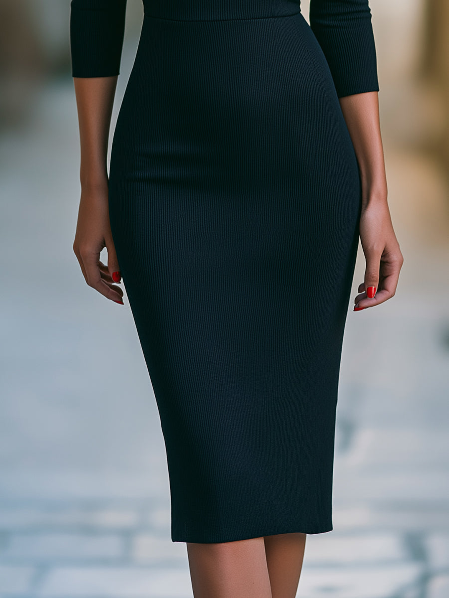 Black & Red Off-Shoulder Ribbed Bodycon Midi Dress