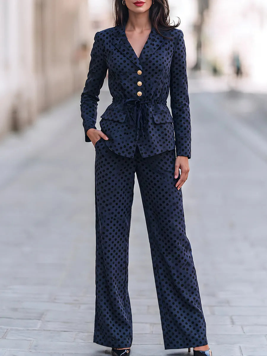 Polka Dot Drawstring Waist Blazer & Wide Leg Pants Two Piece Suit