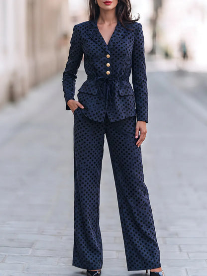 Polka Dot Drawstring Waist Blazer & Wide Leg Pants Two Piece Suit
